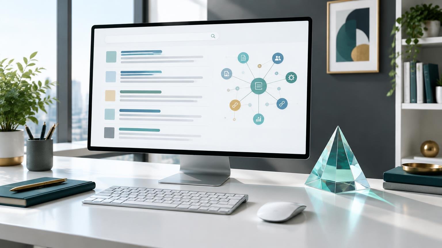 Desktop search interface and knowledge connections on a bright studio desk