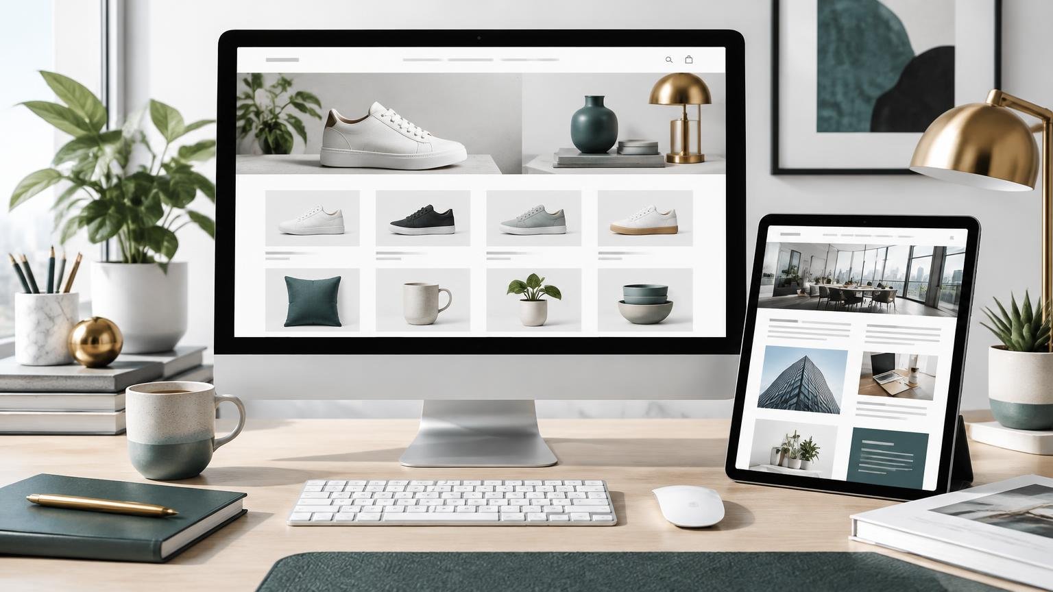 Online store on a desktop computer beside a business website on a tablet