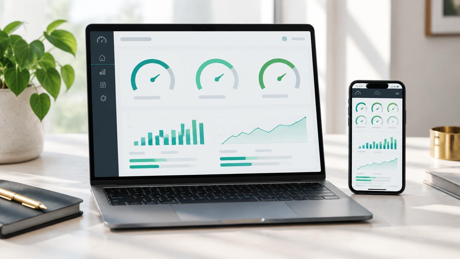 Laptop and phone displaying website performance gauges