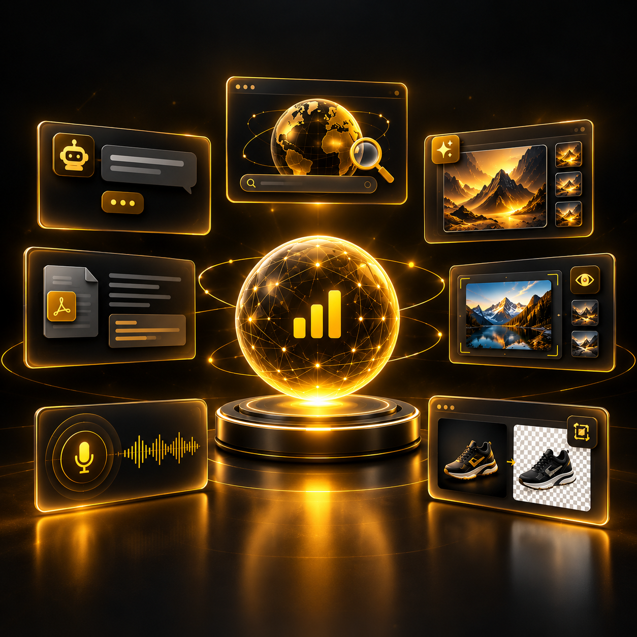 Nexora AI golden sphere surrounded by chat, web search, image creation, file and voice panels